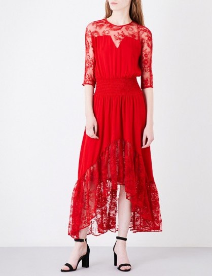 MAJE Ritema floral-panel chiffon and lace maxi dress – red occasion dresses - flipped