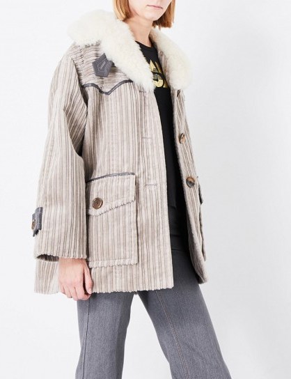 MARC JACOBS Shearling-collar cotton corduroy coat ~ taupe thick ribbed coats - flipped