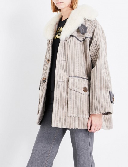 MARC JACOBS Shearling-collar cotton corduroy coat ~ taupe thick ribbed coats