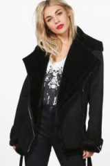 boohoo Melanie Faux Fur Lined Bonded Aviator Jacket – stylish black jackets – winter coats