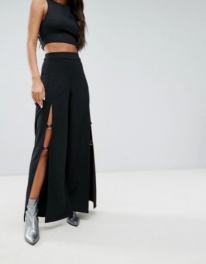 Missguided High Waisted Wide Leg Ring Detail Trouser | black front slit trousers - flipped