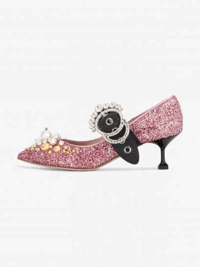 Miu Miu Mary Jane 55 Embellished Pumps / pink glittering shoes - flipped
