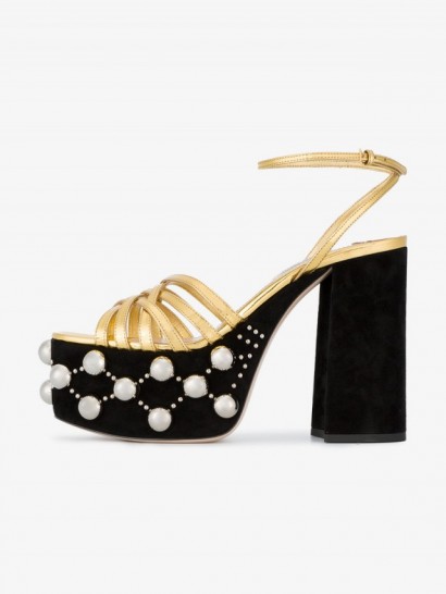 Miu Miu Suede Pearl Embellished Platform Sandals – black and gold chunky platforms