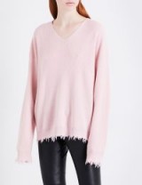 MO&CO. Distressed-trim wool jumper ~ pale pink sweaters ~ frayed V-neck oversized jumpers ~ knitwear