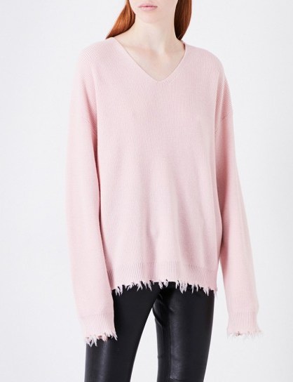 MO&CO. Distressed-trim wool jumper ~ pale pink sweaters ~ frayed V-neck oversized jumpers ~ knitwear - flipped