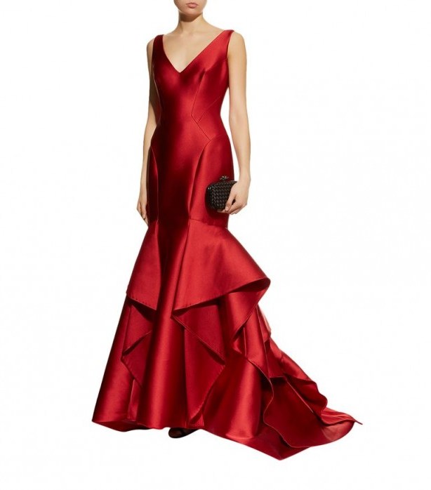 Monique Lhuillier Ruffled Hem Mikado Gown – red ruffle gowns - flipped
