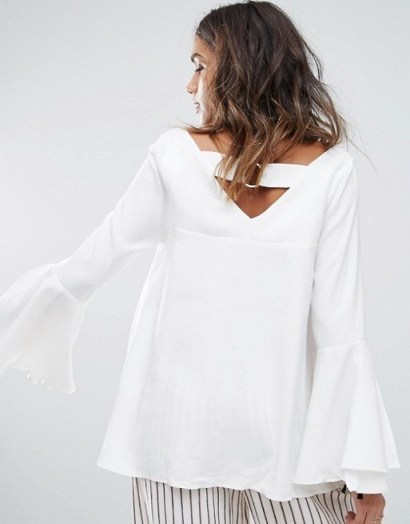 Moon River Back Ring Detail Woven Top | ivory V-neck fluted sleeved tops p - flipped