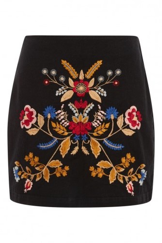 MOTO Denim Embroidered A-Line Skirt – floral skirts – casual luxe - flipped