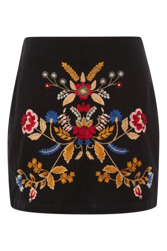 MOTO Denim Embroidered A-Line Skirt – floral skirts – casual luxe