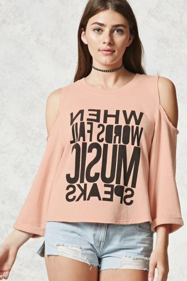 FOREVER 21 Music Speaks Graphic Sweatshirt ~ pink cold shoulder sweatshirts - flipped