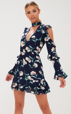 Pretty Little Thing NAVY FLORAL CHOKER DETAIL BODYCON DRESS – cut out sleeve dresses – party fashion - flipped