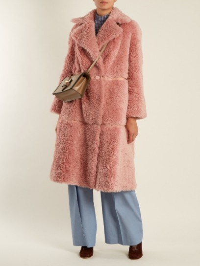 VIKA GAZINSKAYA Notch-lapel faux-leather trimmed alpaca-blend coat ~ fluffy pink winter coats