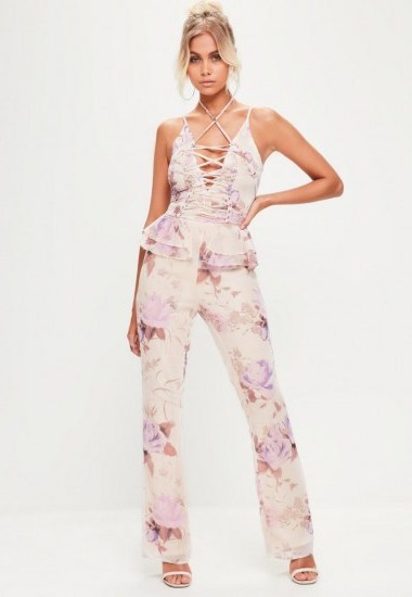 Missguided nude lace detail chiffon jumpsuit – party fashion – evening jumpsuits - flipped