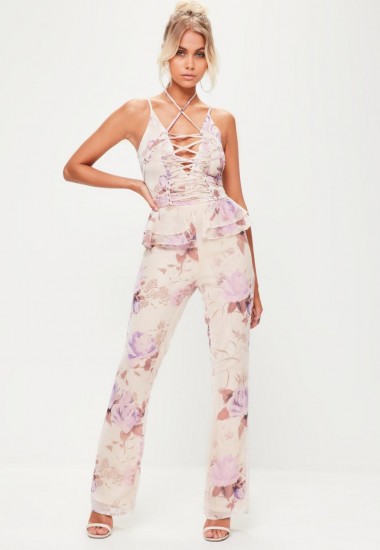 Missguided nude lace detail chiffon jumpsuit – party fashion – evening jumpsuits