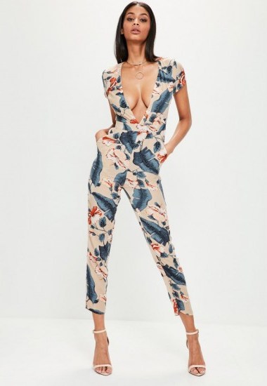 Missguided nude tropical floral print plunge jumpsuit | plunging jumpsuits - flipped