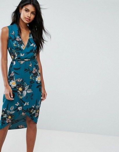 Oasis Floral Wrap Midi Dress ~ sleeveless flower print dresses - flipped