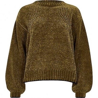 River Island Olive green balloon sleeve chenille jumper – crew neck jumpers – knitwear - flipped