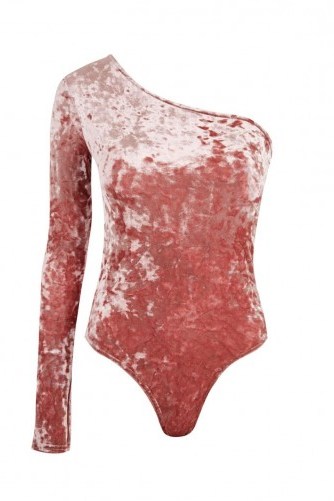 Topshop One Shoulder Velvet Body | rose-pink bodysuits - flipped