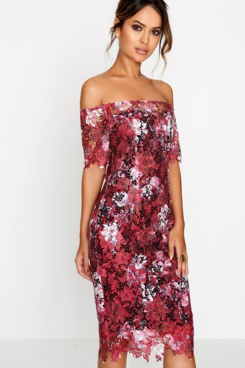 PAPER DOLLS WINE BLOSSOM PRINT BODYCON DRESS ~ red floral off the shoulder party dresses - flipped