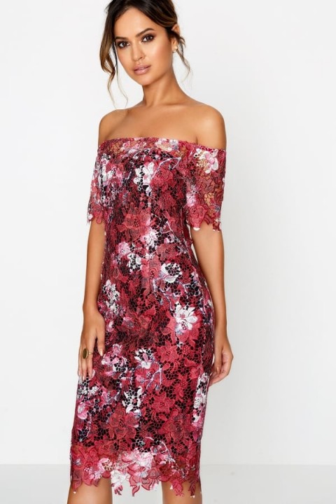 PAPER DOLLS WINE BLOSSOM PRINT BODYCON DRESS ~ red floral off the shoulder party dresses