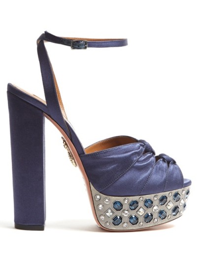 AQUAZZURA Party Plateau crystal-embellished satin sandals ~ blue jewelled platforms