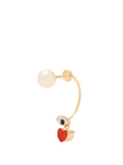 DELFINA DELETTREZ Pearl, enamel & yellow-gold earring ~ single eye & heart drop earrings - flipped
