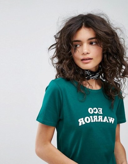 People Tree Organic Cotton T-Shirt With Eco Warrior Slogan / green slogan tee - flipped