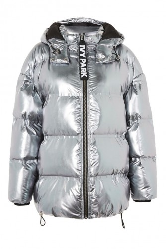 Ivy Park Pewter Bonded Puffer Jacket ~ metallic puffa jackets ~ shiny winter coats