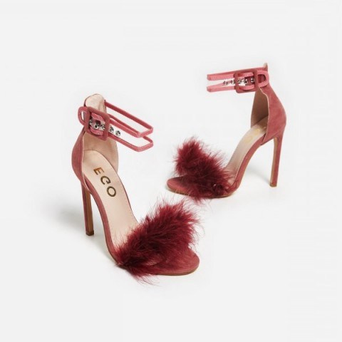 EGO Pia Perspex Strap Fluffy Heel In Blush Red Faux Suede - flipped