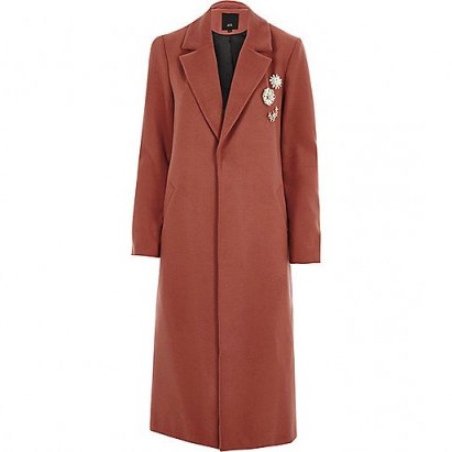 River Island Pink brooch embellished long coat – longline autumn/winter coats - flipped