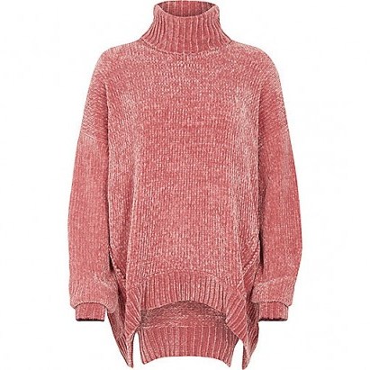 Pink chenille knit oversized roll neck jumper – slouchy jumpers – oversized knitwear - flipped