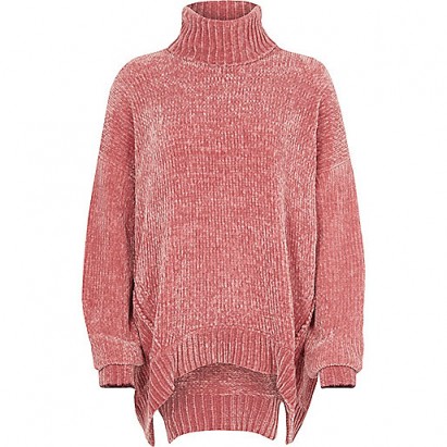 Pink chenille knit oversized roll neck jumper – slouchy jumpers – oversized knitwear