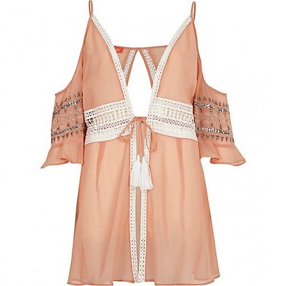RIVER ISLAND Pink crochet lace trim beach cover up - flipped