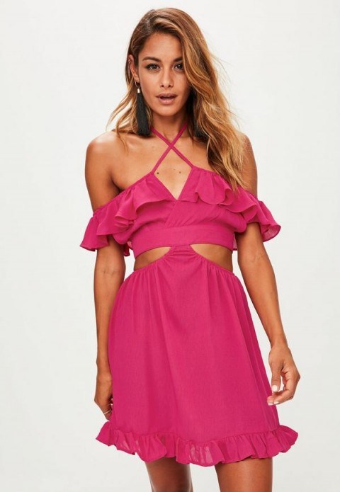 Missguided pink cut out ruffle dress ~ off shoulder dresses - flipped