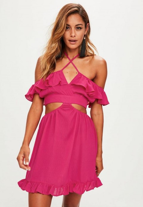 Missguided pink cut out ruffle dress ~ off shoulder dresses