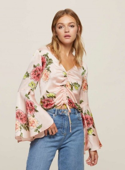 Miss Selfridge Pink Floral Print Drawstring Top ~ front ruched wide sleeved tops - flipped