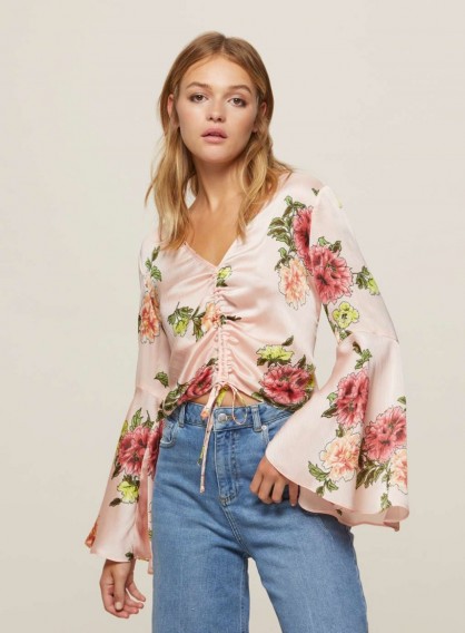 Miss Selfridge Pink Floral Print Drawstring Top ~ front ruched wide sleeved tops