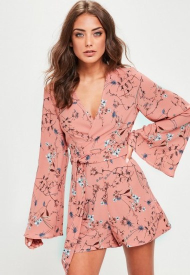 missguided pink kimono wrap tie waist playsuit | oriental style playsuits - flipped