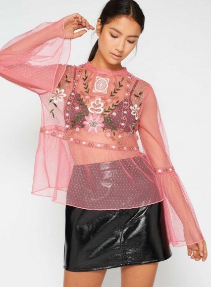 Miss Selfridge Pink Mesh Embroidered Blouse ~ sheer blouses - flipped