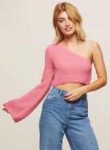 MISS SELFRIDGE Pink One Sleeve Crop Knitted Jumper | cropped jumpers | knitwear