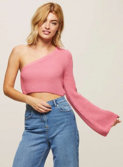 MISS SELFRIDGE Pink One Sleeve Crop Knitted Jumper | cropped jumpers | knitwear - flipped