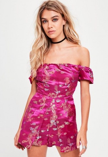 Missguided pink oriental print playsuit – off shoulder playsuits - flipped