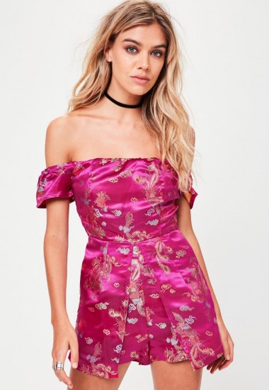 Missguided pink oriental print playsuit – off shoulder playsuits