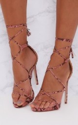 PRETTY LITTLE THING PINK SNAKE PRINT TASSEL LACE UP HEELS