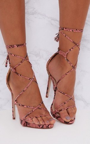 PRETTY LITTLE THING PINK SNAKE PRINT TASSEL LACE UP HEELS - flipped