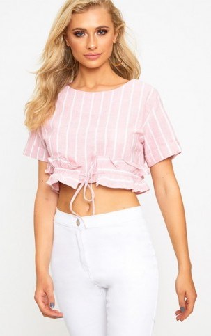 PRETTY LITTLE THING PINK STRIPE DRAWSTRING FRILL CROP TOP - flipped