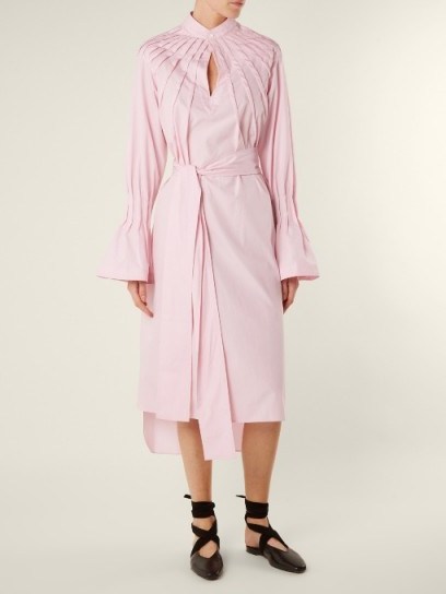TEIJA Pintucked bell-cuff cotton dress ~ pink shirt dresses ~ luxe style - flipped