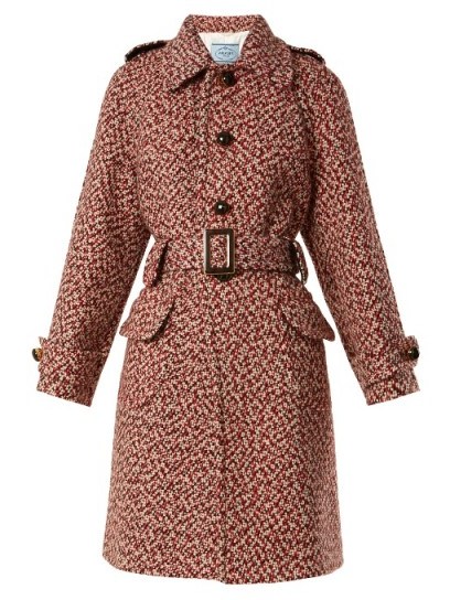 PRADA Point-collar single-breasted wool coat – belted pink tweed coats – classic winter style - flipped