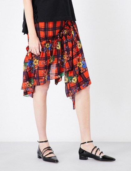 PREEN LINE Chloe floral check-print crepe skirt ~ red tartan skirts ~ plaid & floral prints - flipped