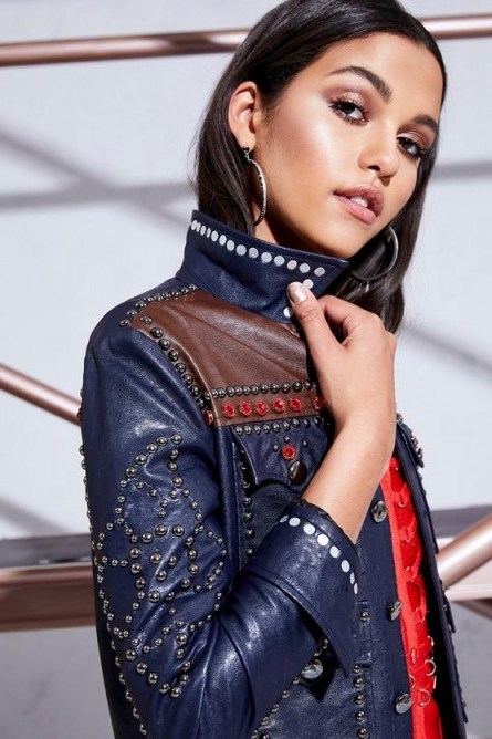 boohoo Premium Alexis Stud & Diamonte Embellished Jacket – studded blue jackets – evening fashion - flipped